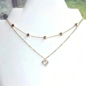 Pretty Double Layer Gold Hearts CZ Choker Necklace NWT